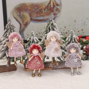 Cute Plush Angel Doll Christmas Hanging Ornament Fabric Girl Figurine With Glitter Wings For Christmas Tree Holiday Home Decor