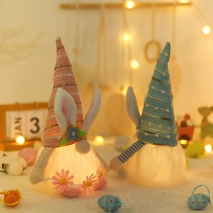 Lighted Easter gnomes set with bunny ears and knit hats for spring home decoration