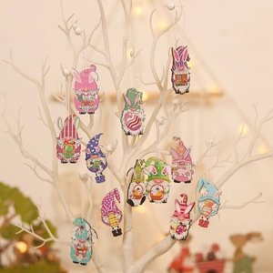 Handcrafted Easter wood gnome ornaments set with colorful painted bunny ears and hanging ropes