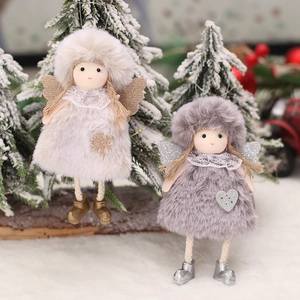 Plush Christmas angel doll hanging ornaments with sequin wings in beige and grey