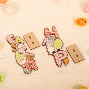 Handcrafted Easter wood tabletop gnome and bunny ornaments with colorful letters