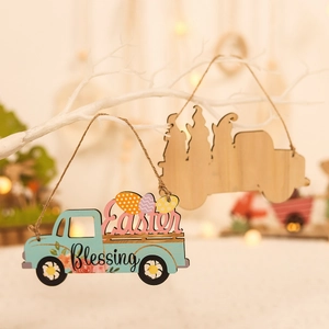 Décoration de Pâques en bois avec camion bleu, œufs colorés et texte Blessing