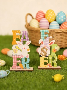 Detail view of Easter wooden letter blocks with colorful rabbit and gnome patterns