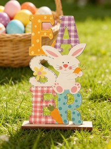 Close-up of Easter wooden table ornament featuring a white bunny and colorful letters