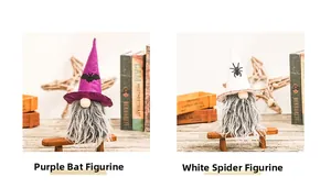 Close-up of Halloween faceless gnomes with purple bat and white spider hats on wood stands