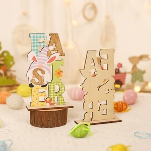 Easter wooden ornaments with colorful letters and bunny gnomes on festive table