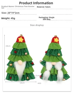 Detail view of gnome Christmas tree wine bottle covers with green sequins and dimensions