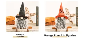 Detail of Halloween gnomes with black cat and orange pumpkin hats on wooden bench