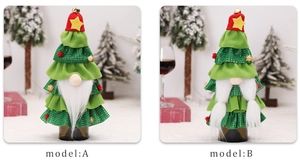Detail view of model A and B forest gnome Christmas tree wine bottle covers for dining decor
