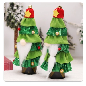Detail of forest gnome wine bottle covers with sequined trees and festive white beards