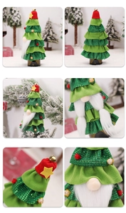 Detail of Christmas gnome wine bottle cover with green tiered skirt and red star hat