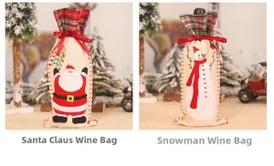 Detail of burlap wine bottle covers with Santa and snowman applique and ribbon