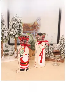 Linen Christmas wine bottle covers featuring Santa Claus and Snowman embroidery designs