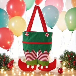 Christmas elf leg candy bag in red and green festive theme with striped stockings