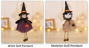 Detail of Halloween burlap witch and ghost dolls with pumpkin patterns and bells