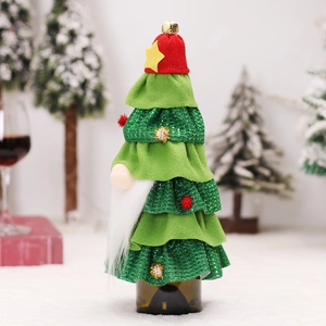 Christmas gnome tree wine bottle cover with red hat and white beard for table decor