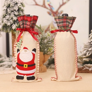 Christmas burlap wine bottle covers with Santa Claus embroidery and red plaid ribbon ties