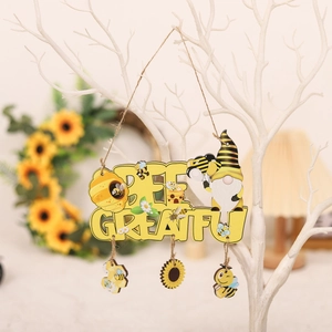 Bee Grateful wooden gnome sign with hanging sunflower and honeycomb for home decor