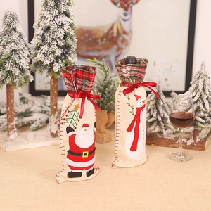Christmas wine bottle covers with cartoon Santa and snowman designs in burlap plaid fabric