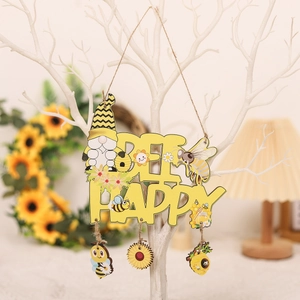 Bee Happy wooden gnome hanging sign with sunflower pendants for garden home decor
