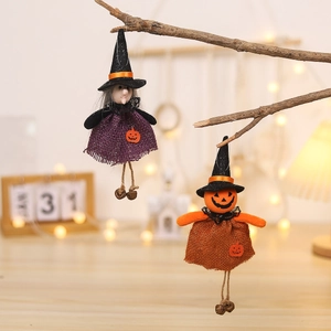 Halloween burlap witch and pumpkin plush ornaments with bells for festive home decoration