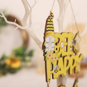 Bee Happy wooden gnome hanging ornament with sunflower and rustic jute rope