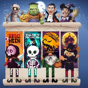 Banderole d'Halloween à Jambes Pendantes Dessin Animé Citrouille Squelette Sorcière Fantôme Vampire Décor Pour Cour Extérieure Porche Fête