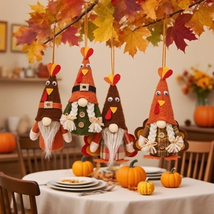 Set of four Thanksgiving turkey gnomes hanging from maple branches in cozy autumn decor
