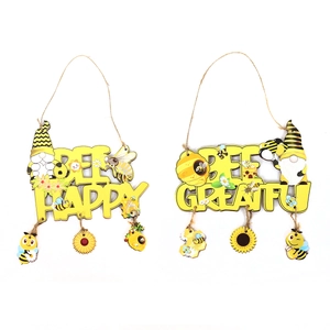 Wooden bee festival hanging signs with Bee Happy and Bee Grateful gnome designs