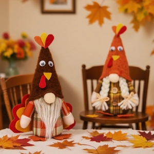 Detail of Thanksgiving gnomes with turkey feathers and autumn maple leaf decor