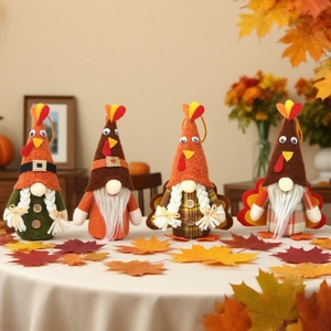 Set of 4 Thanksgiving turkey gnomes with maple leaf decor for harvest festive tabletop