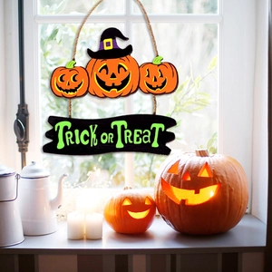 Halloween hanging decoration with three cartoon pumpkins and Trick or Treat wooden sign