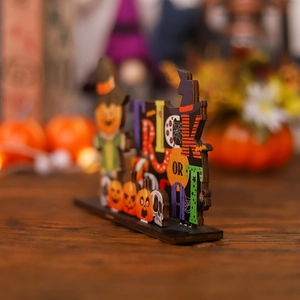 Halloween Trick or Treat Holzdekoration für den Tisch mit Kürbis- und Zauberermotiven