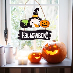 Plaque de porte Halloween en bois avec gnome et citrouille pour décor de jardin