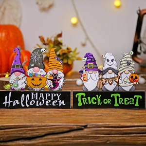 Halloween wooden gnome table decorations featuring pumpkins, ghosts and witches, set of 2