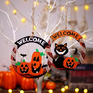 Halloween wooden round door sign with black cat and pumpkin decoration set