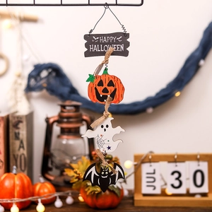 Hanging Halloween decoration featuring pumpkin, ghost, and bat with Happy Halloween sign
