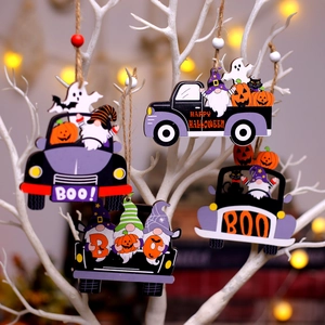 Halloween Wooden Truck Hanging Ornaments Gnomes Pumpkin Ghost Decorative Plywood Pendants For Home Party Festive Decor