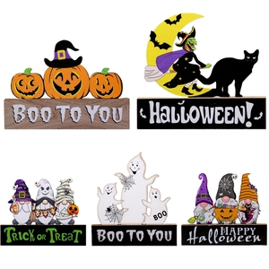 Five-piece wooden Halloween tabletop decorations featuring pumpkin, ghost, and gnome figurines