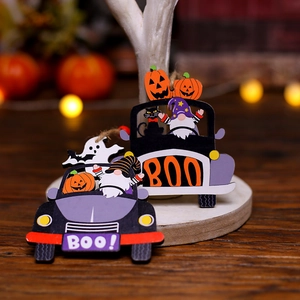 Wooden Halloween car hanging ornaments featuring cartoon gnomes, pumpkins, and ghosts