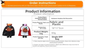 Detailed specifications for headless pumpkin dolls showing materials and 18x11x5cm size