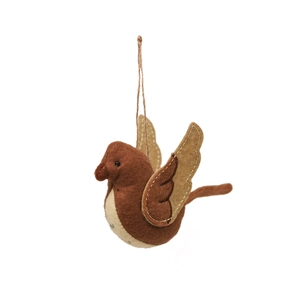 Handmade brown felt bird ornament for Christmas tree decoration with rustic twine hanger