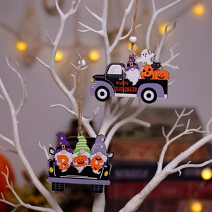 Cartoon wooden Halloween car ornaments with Happy Halloween and Boo signs for home decor