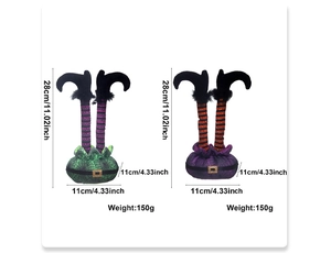 Detail of 28cm bendable Halloween elf legs with glitter stripes and spider web bases