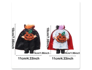 Detailed view showing dimensions of sequined Halloween headless pumpkin dolls at 18cm height