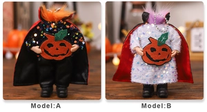 Detail view of Model A vampire and Model B purple sequin Halloween doll costumes