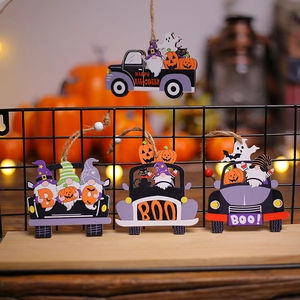 Set of four Halloween wood truck gnomes hanging ornaments with Happy Halloween and Boo signs