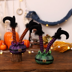 Halloween upside-down elf witch legs with spider web base for tabletop party decor