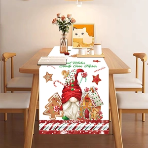 Christmas table runner with gnome and gingerbread house patterns on 178cm linen fabric