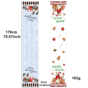Christmas linen table runner with forest gnome and gingerbread house patterns 178x33cm